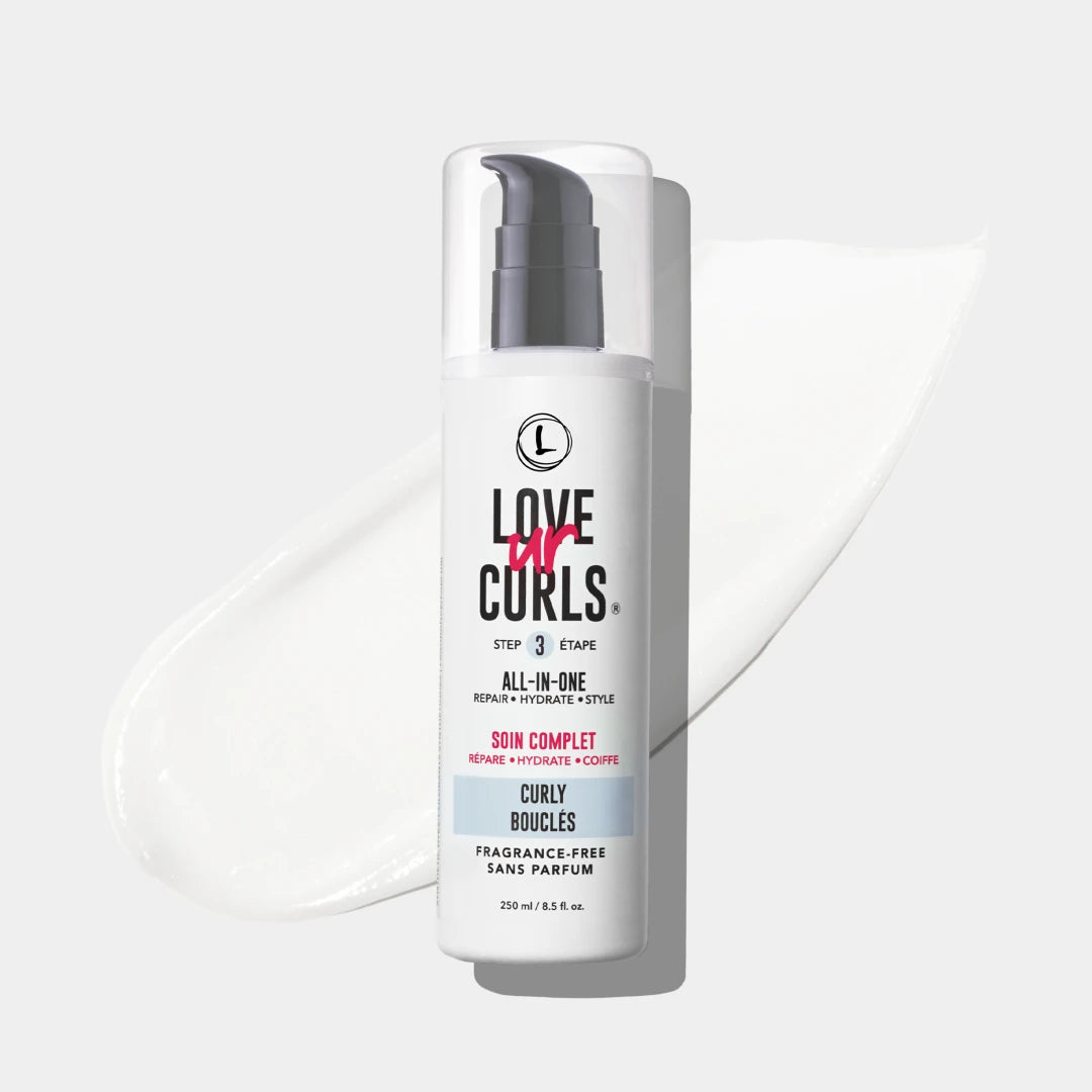 Bottle of 'Love My Curls' hair care product on a white background