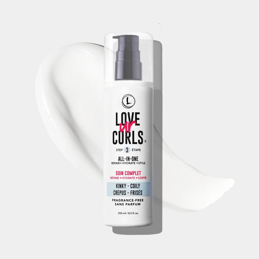 Bottle of Love Ur Curls hair care product on a white background