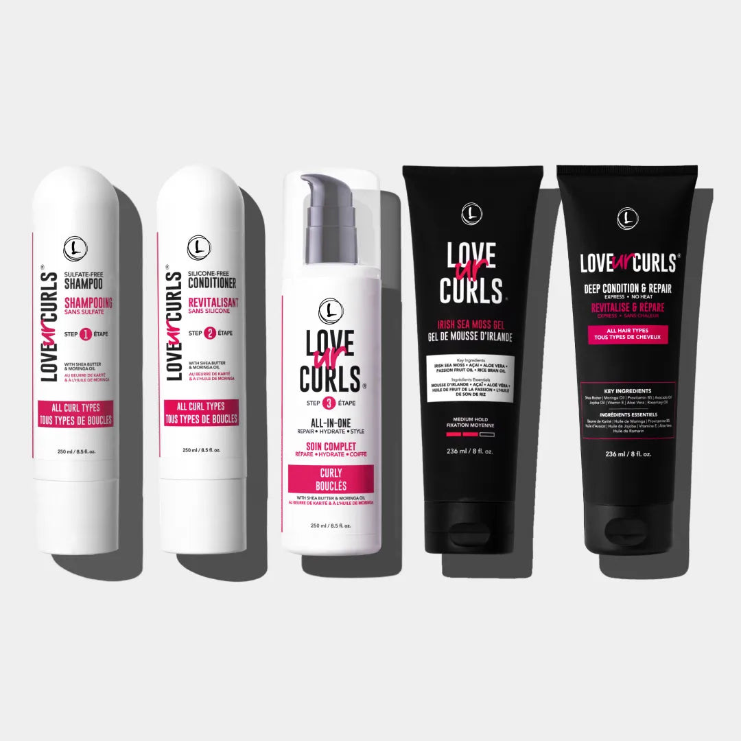 Collection of Love Ur Curls hair care products on a white background
