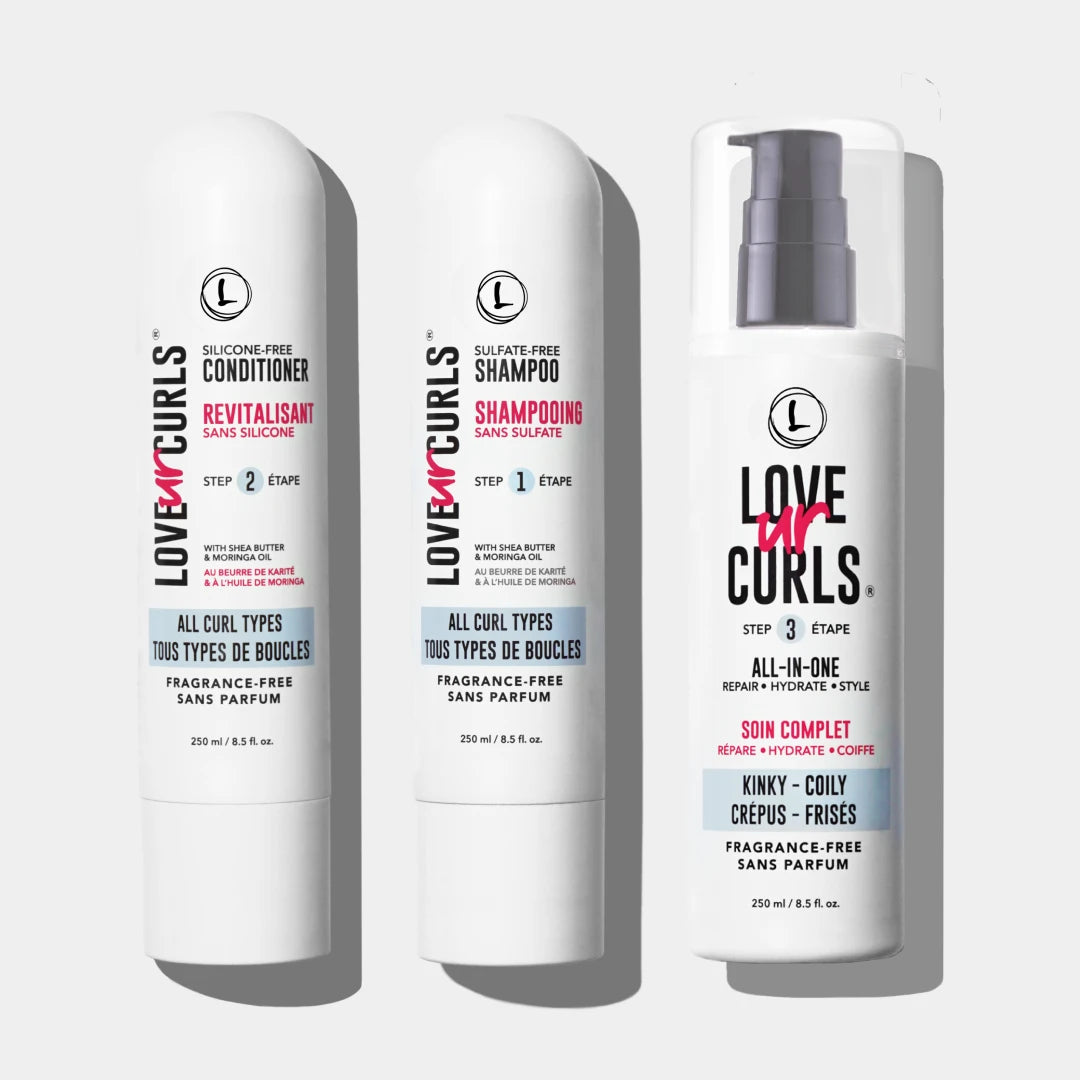 fragrance free 3 step system kinky coily conditioner shampoo and styler