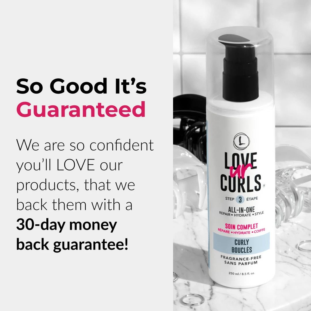 Bottle of 'Love ur Curls' hair care product with promotional text on a white background
