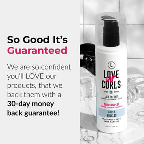 Bottle of 'Love ur Curls' hair care product with promotional text on a white background