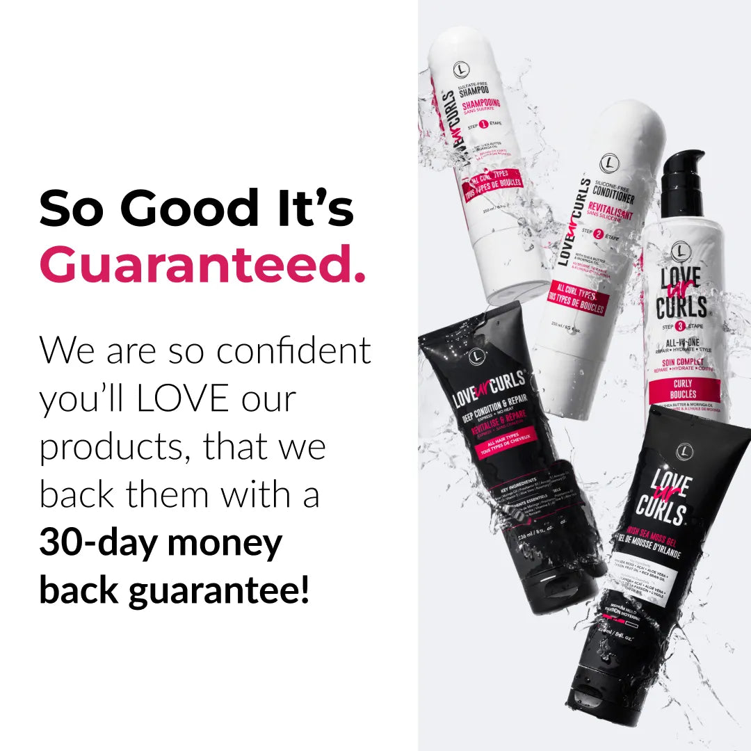 Hair care product bottles with promotional text on a white background