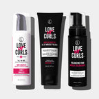 Three 'Love ur Curls' hair care products on a light gray background urly All in one the irish sea moss gel and the volumizing foam