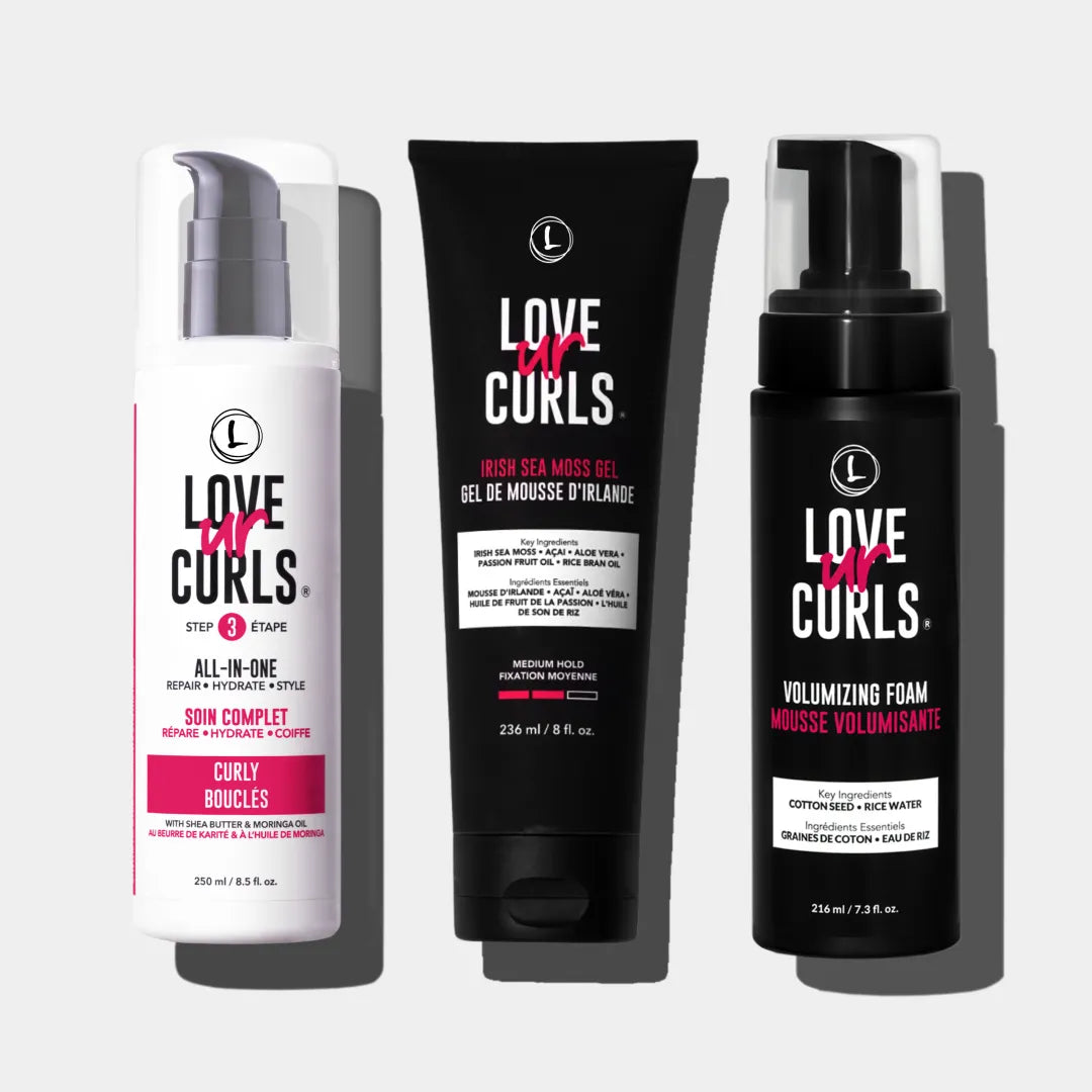 Three 'Love ur Curls' hair care products on a light gray background urly All in one the irish sea moss gel and the volumizing foam