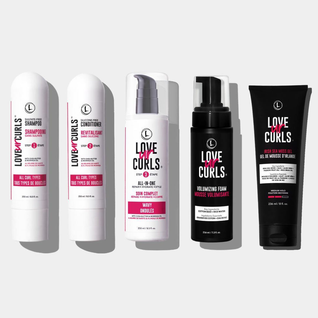 Collection of Love Ur Curls hair care products on a white background #wavy