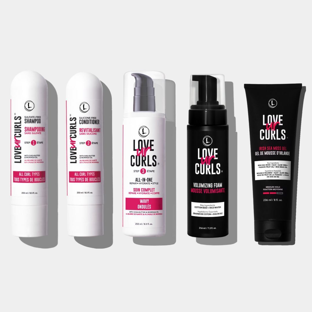 Collection of Love Ur Curls hair care products on a white background #wavy