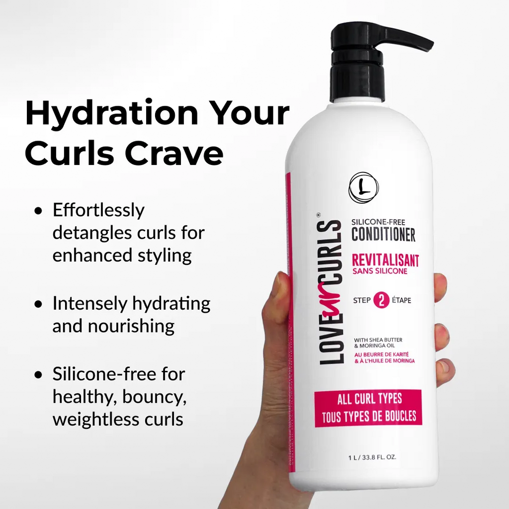 Love ur Curls conditioner bottle held by a hand with product details on a white background