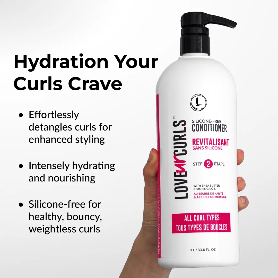 Love ur Curls conditioner bottle held by a hand with product details on a white background