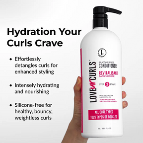 Love ur Curls conditioner bottle held by a hand with product details on a white background