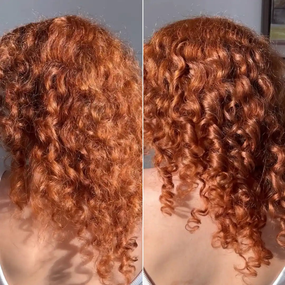 Side-by-side comparison of curly hair with a neutral background