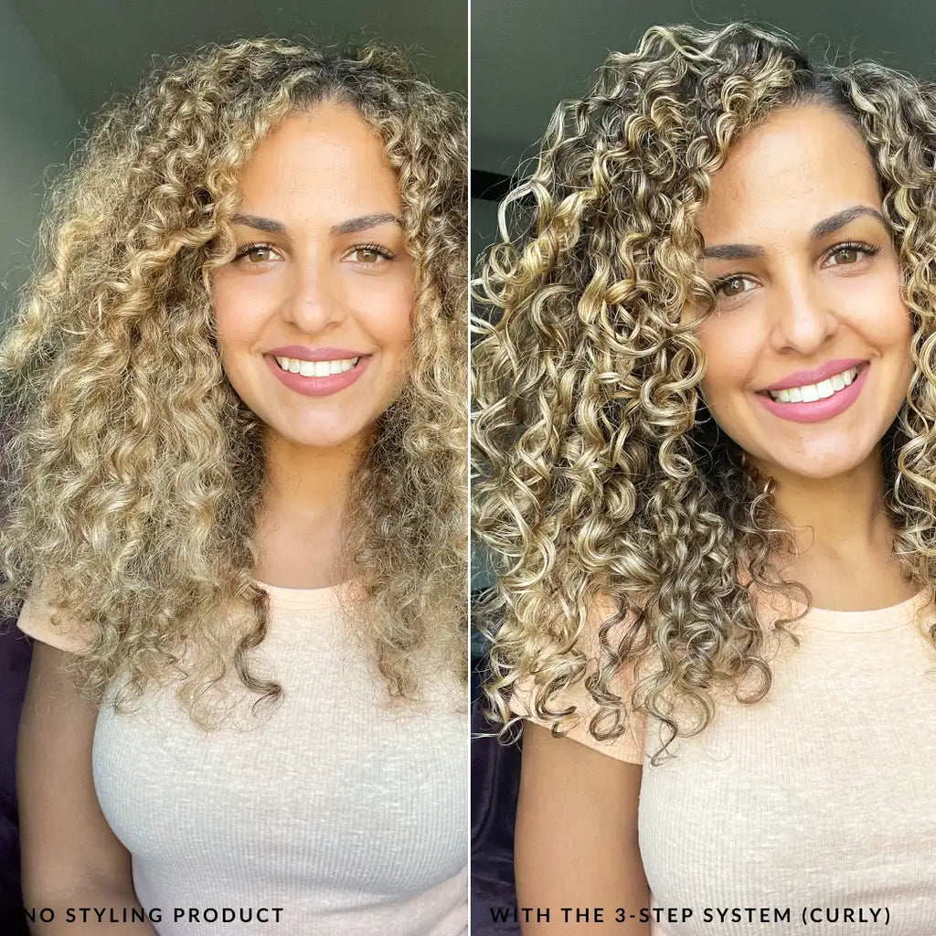 fragrance free 3 step system curly with model before and after using the styler