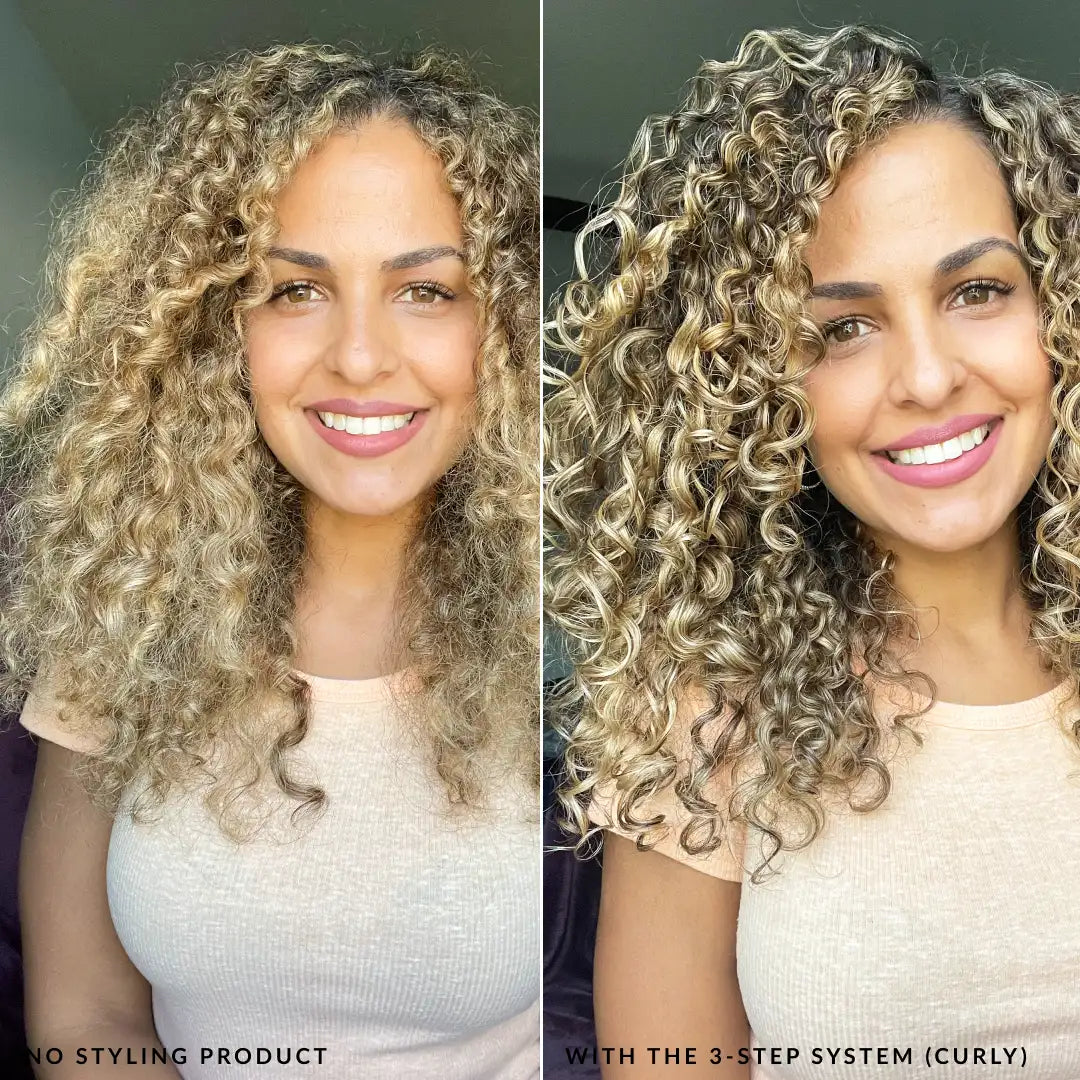 fragrance free 3 step system curly with model before and after using the styler