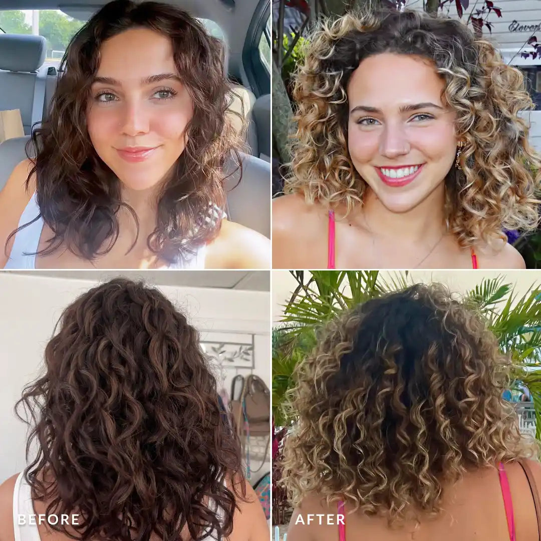 Before and after comparison of a woman's hair transformation with close-up views.