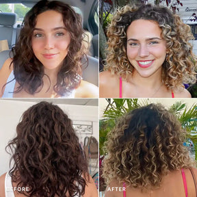 Before and after comparison of a woman's hair transformation with close-up views.