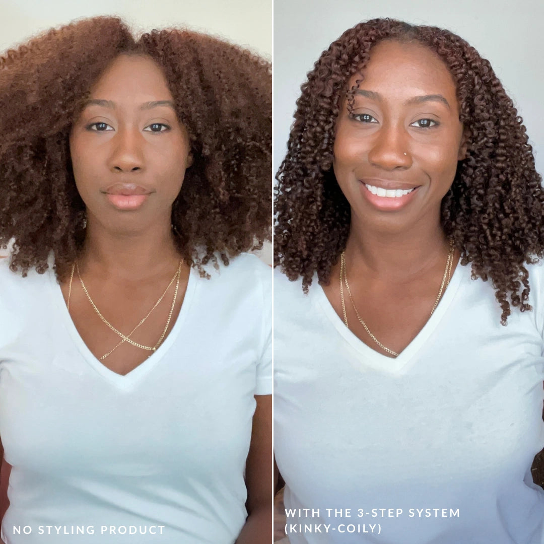 before and after using the kinky coily styler with love ur curls shampoo and conditioner