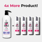 Comparison of a large bottle labeled 'Love My Curls' with four smaller bottles on a white background.