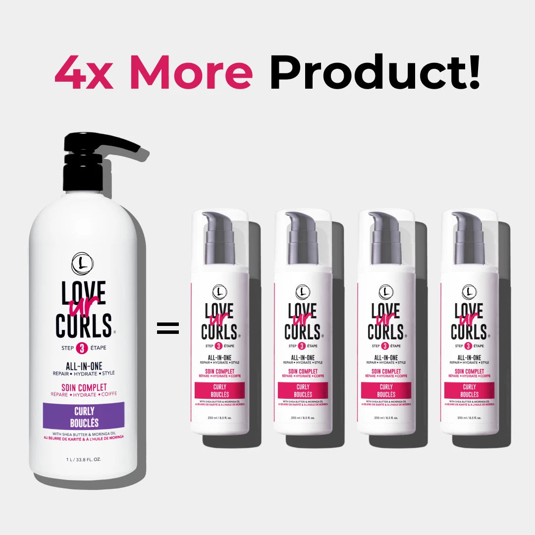 Bottle of 'Love Ur Curls' hair care product with four smaller bottles on a white background.