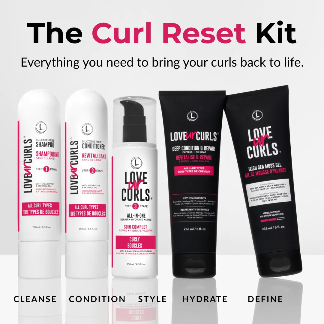 Love Ur Curls hair care product set with bottles and tubes on a white background