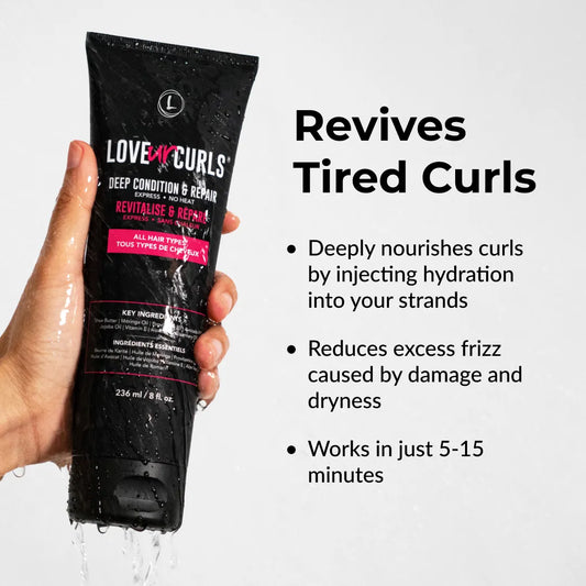Hand holding a black tube of 'Love Ur Curls' hair product with text about its benefits on a white background.