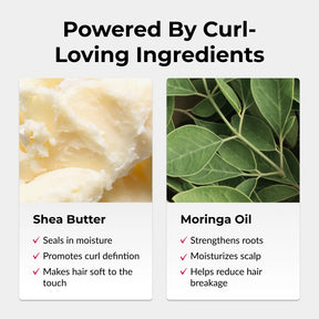 Shea butter and moringa oil with text highlighting their benefits for hair care.