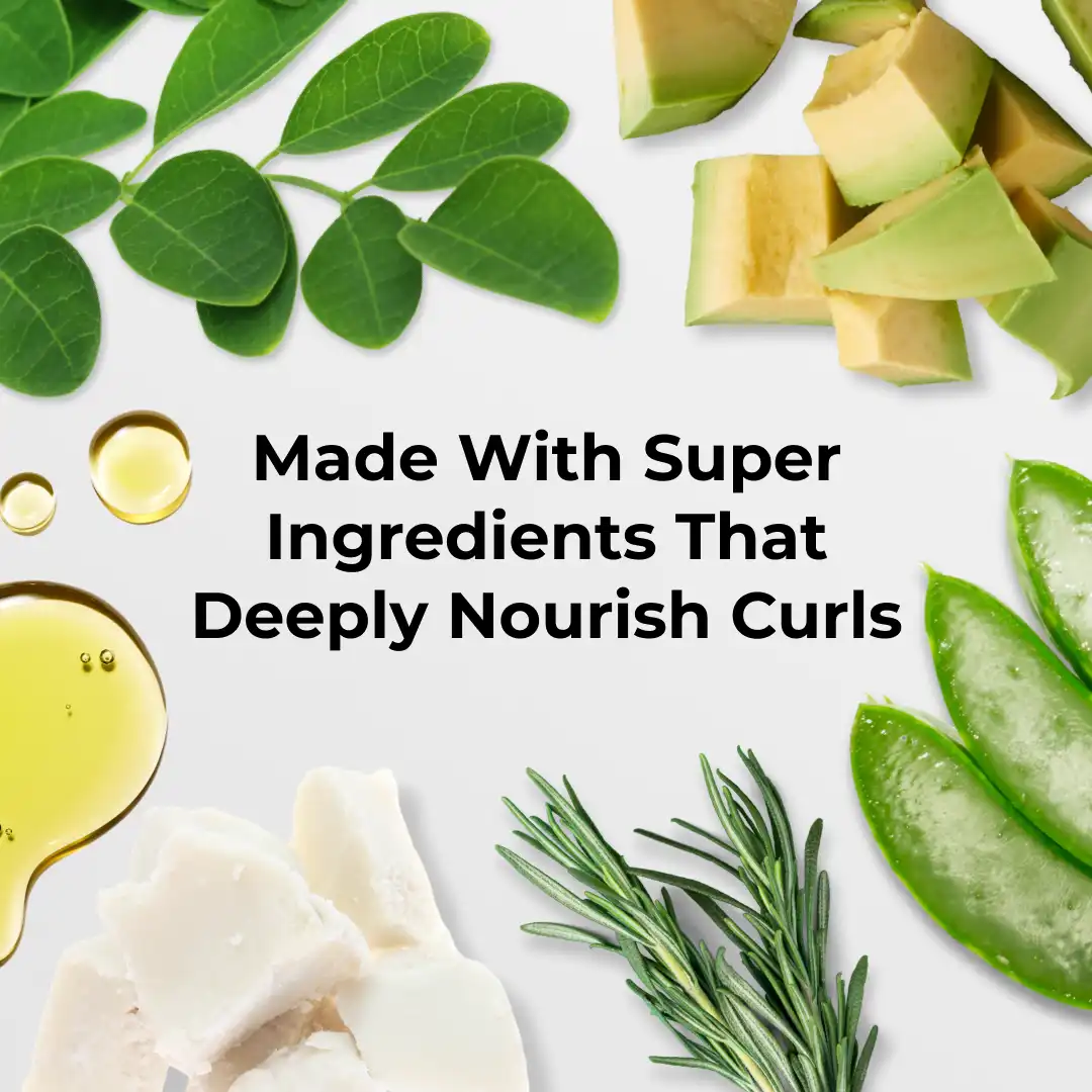 Super ingredients for hair care with text 'Made With Super Ingredients That Deeply Nourish Curls' on a white background.