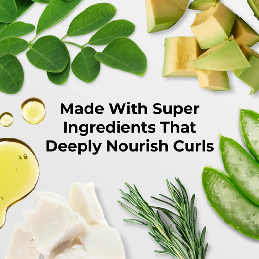 Super ingredients for hair care with text 'Made With Super Ingredients That Deeply Nourish Curls' on a white background.