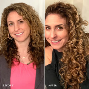Before and after comparison of a woman with curly hair, wearing different outfits.
