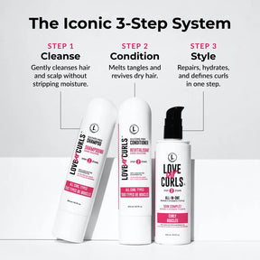 Three bottles of 'Love Ur Curls' hair care products with step-by-step description on a white background.