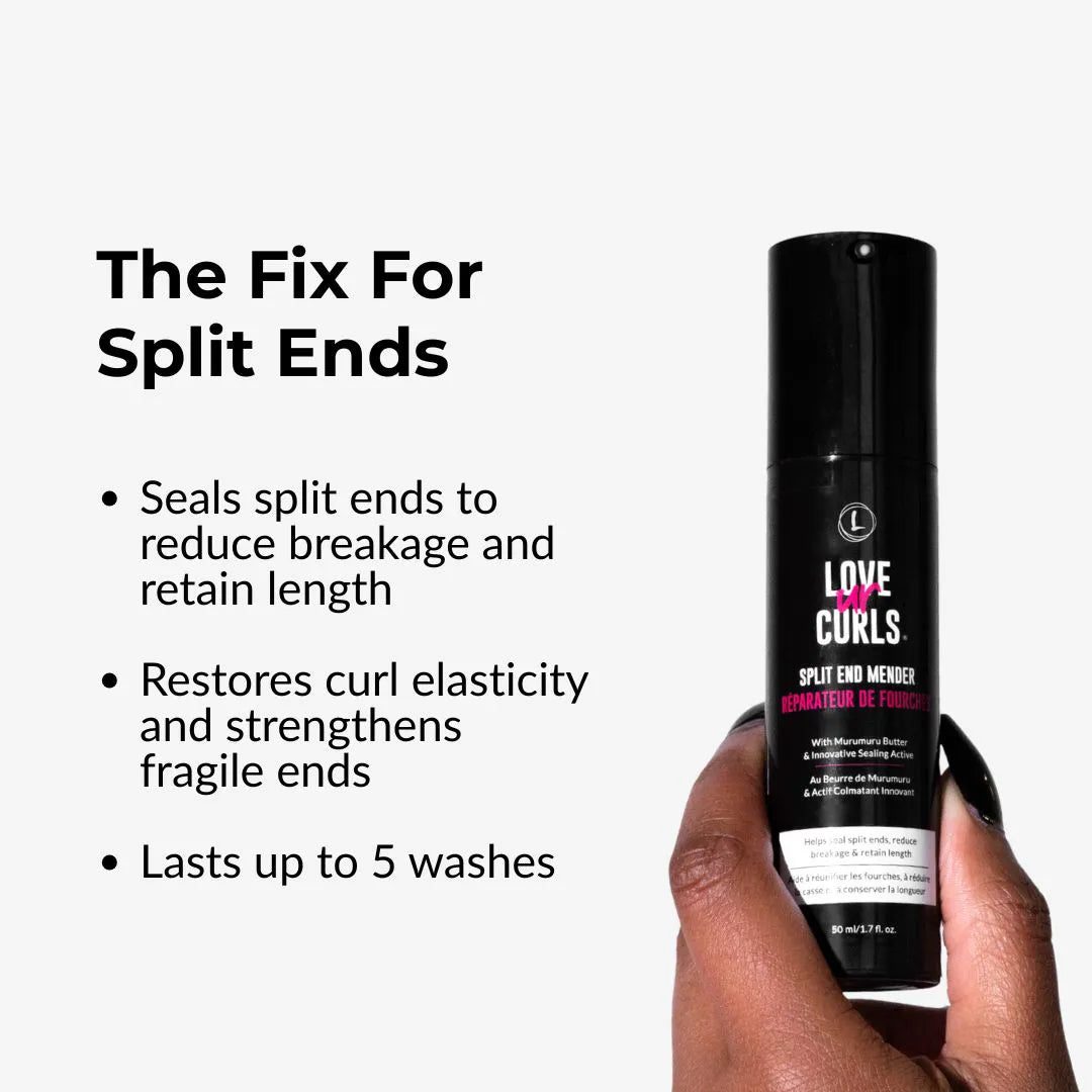 Hand holding a bottle of 'Love Ur Curls' split end mender with product description text on a white background