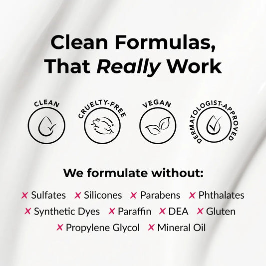 Product packaging with certification icons and a list of ingredients to avoid on a white background.