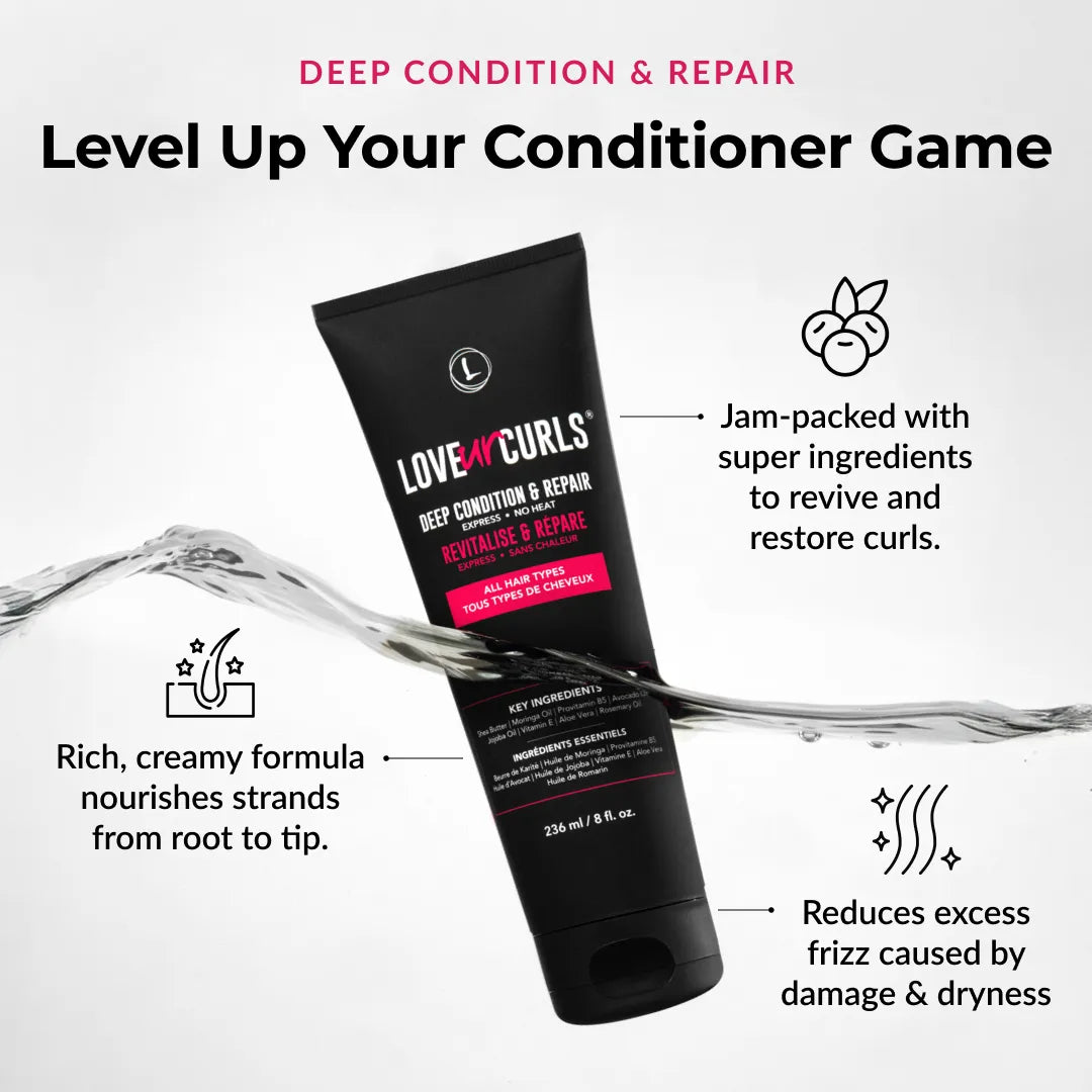 Love Ur Curls deep conditioning repair conditioner with water splash on a white background