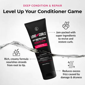 Love Ur Curls deep conditioning repair conditioner with water splash on a white background