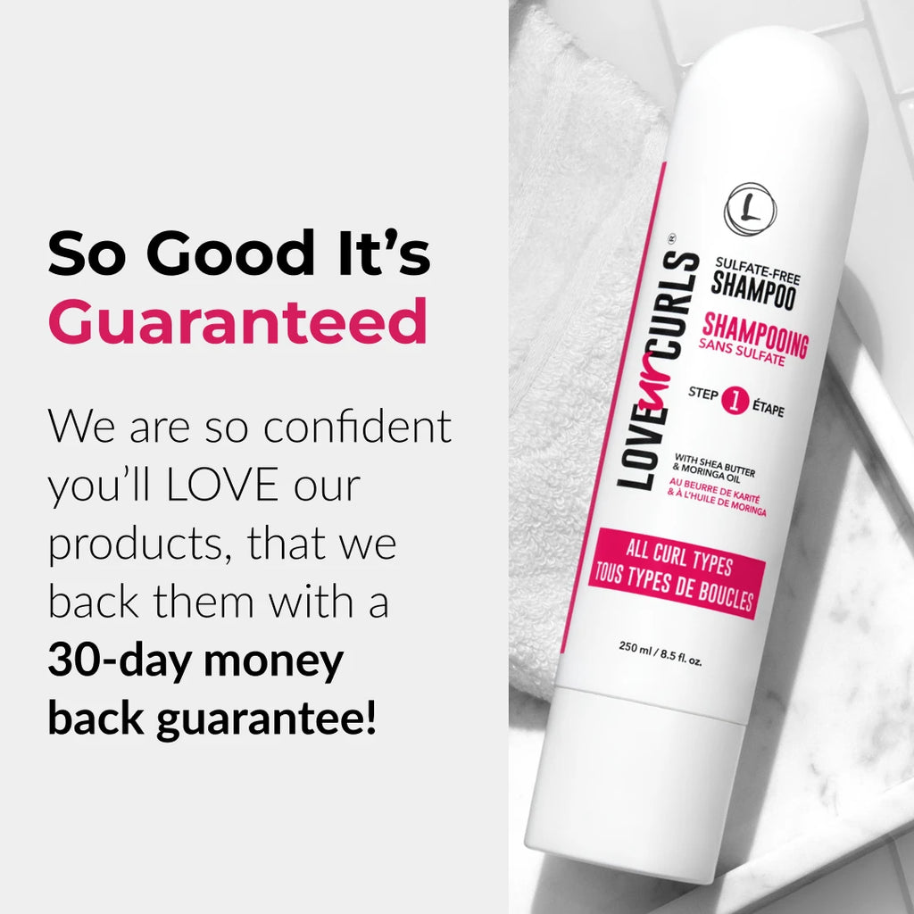 Shampoo bottle with text about a 30-day money-back guarantee