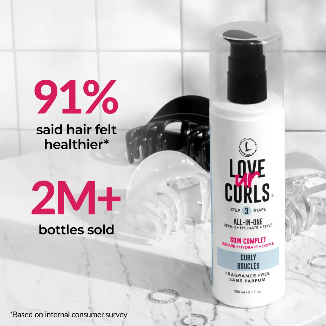 Love ur Curls hair care product with statistics on hair health and sales.