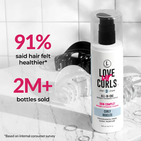Love ur Curls hair care product with statistics on hair health and sales.