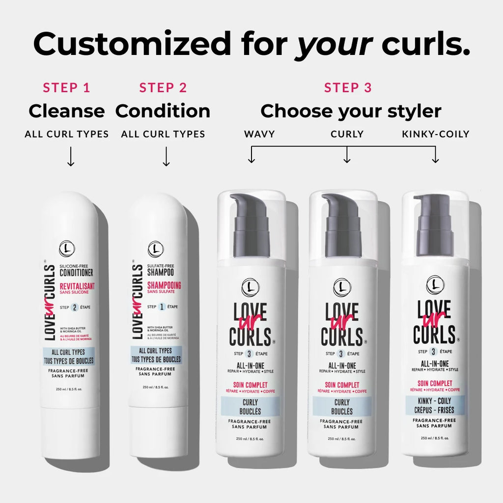 3 step with customizable styler of wavy curly and kinky coily with the love ur curls conditioner and shampoo