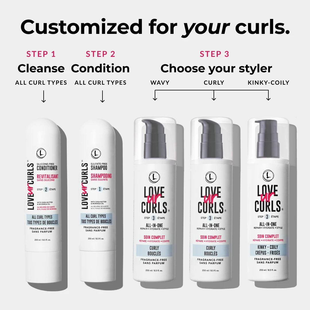 3 step with customizable styler of wavy curly and kinky coily with the love ur curls conditioner and shampoo