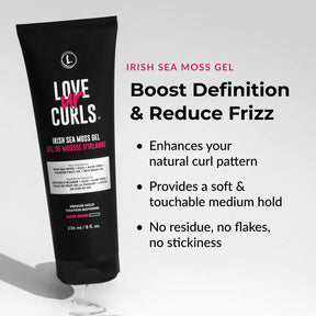 Love Ur Curls Irish Sea Moss Gel packaging with product benefits on a white background