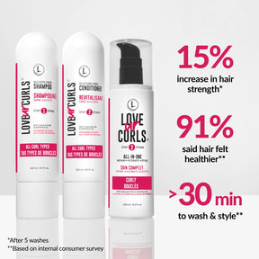 Love U Curls hair care product set with shampoo, conditioner, and serum on a white background.