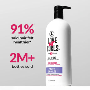 Bottle of Love My Curls hair care product with statistics on a gray background