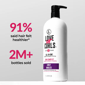 Love Ur Curls hair care product bottle with text on a gray background