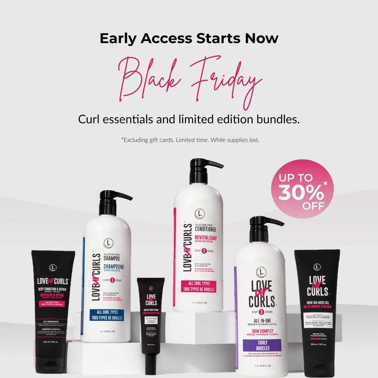 Love Ur Curls hair care products with Black Friday promotion text on a white background